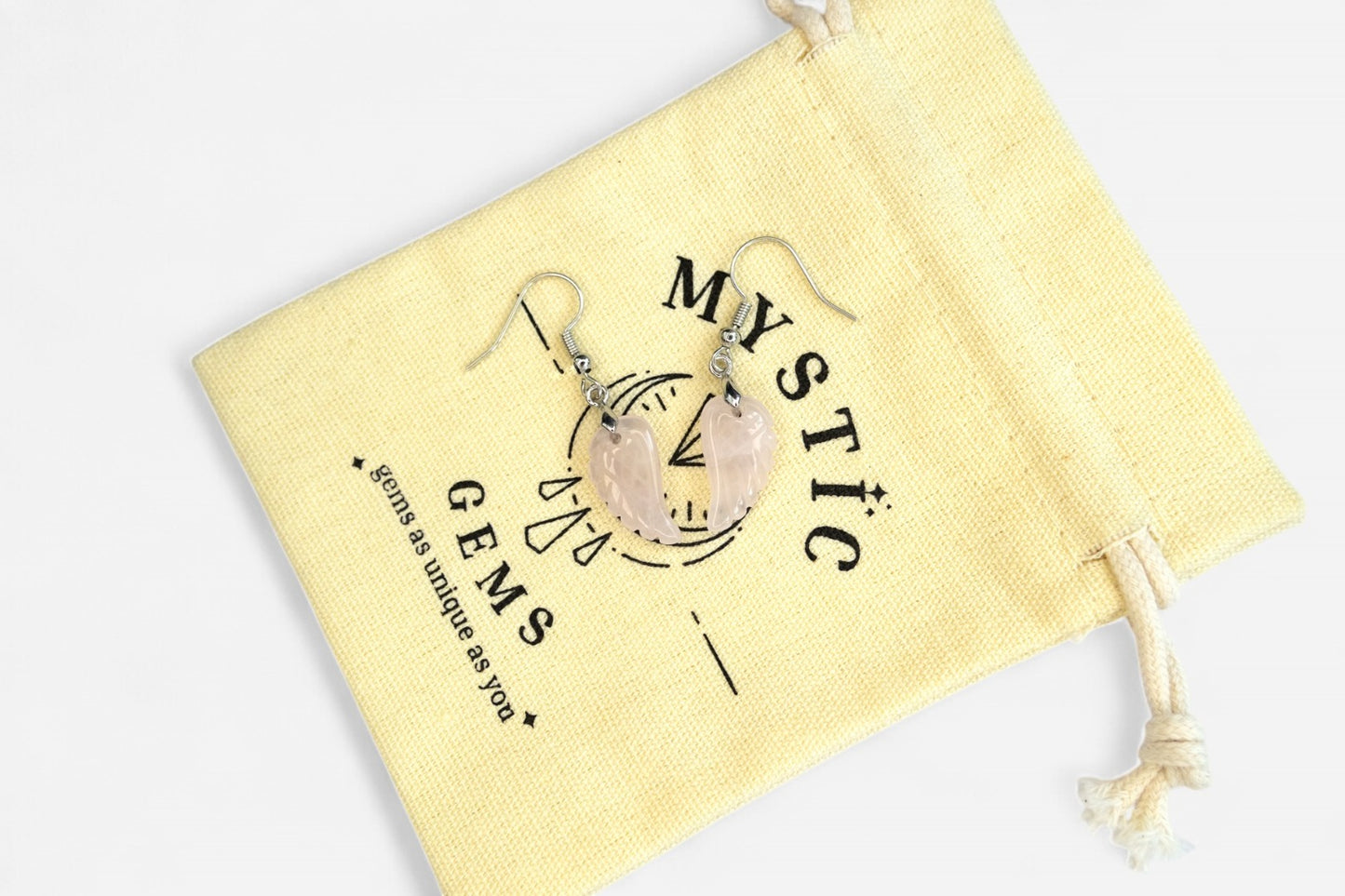 Rose Quartz Small Angel Wing Natural Gemstone Earrings with Pouch