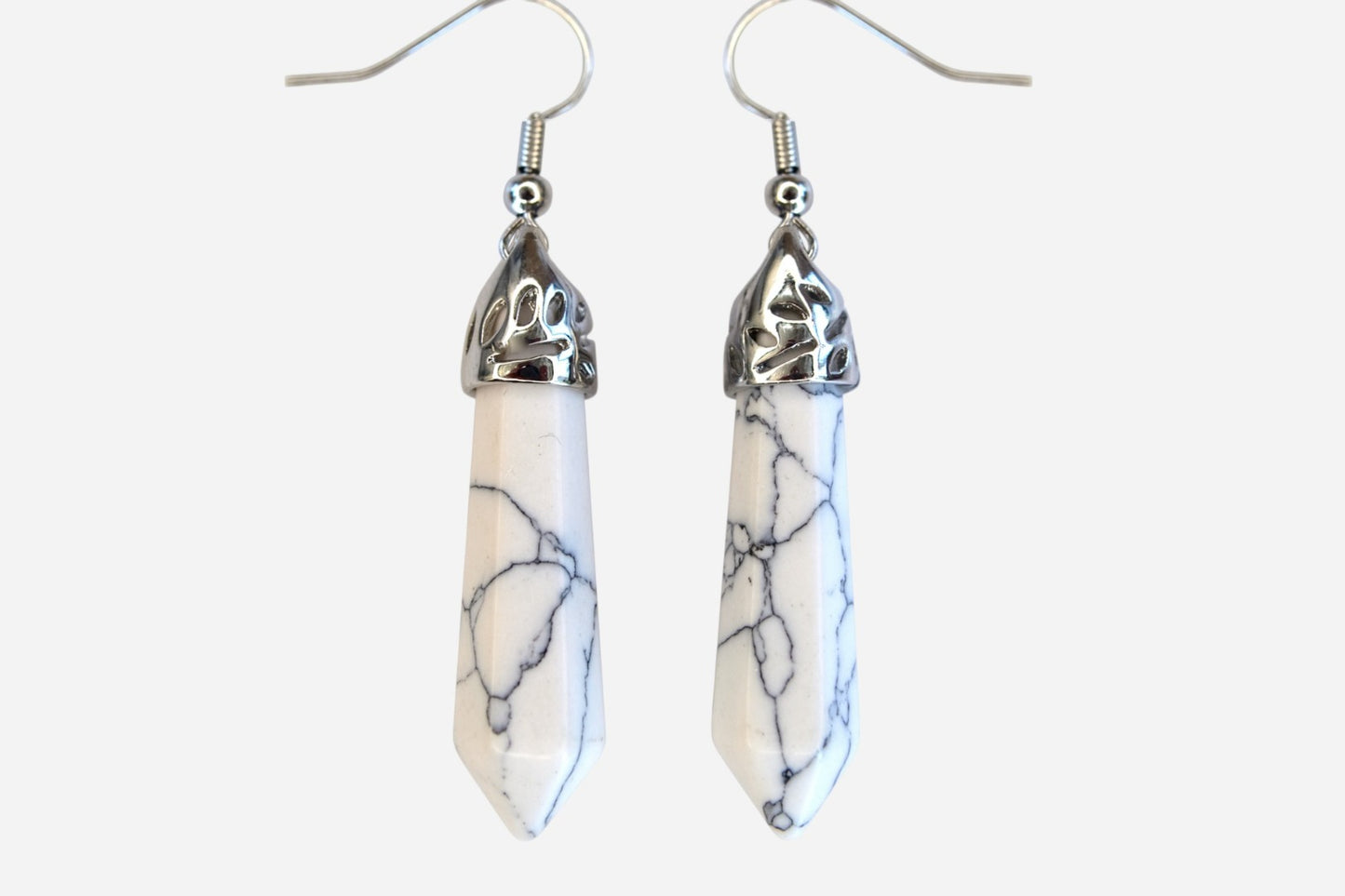 White Howlite Earrings Hexagonal Shape Natural Gemstone Silver Plated Chakra Reiki