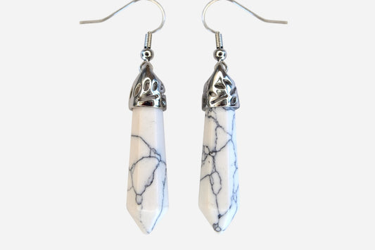 White Howlite Earrings Hexagonal Shape Natural Gemstone Silver Plated Chakra Reiki