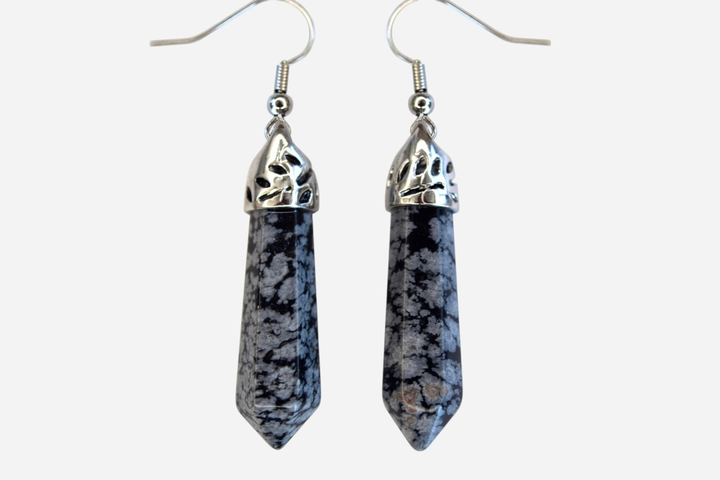 Snowflake Obsidian Earrings Hexagonal Shape Natural Gemstone Silver Plated Chakra Reiki