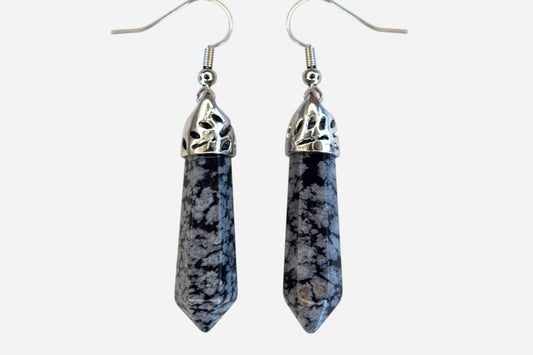 Snowflake Obsidian Earrings Hexagonal Shape Natural Gemstone Silver Plated Chakra Reiki