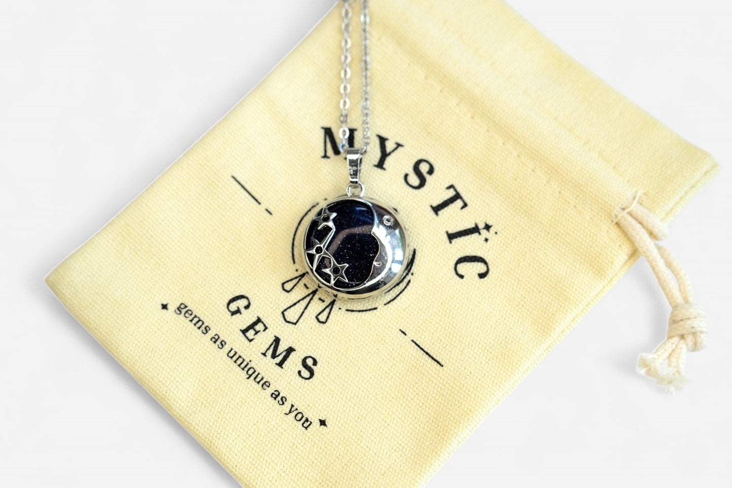 Blue Goldstone Moon Manmade Gemstone Pendant Necklace 50cm with Pouch - Mystic Gems