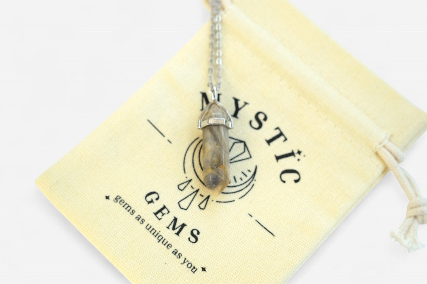 Lace Agate Hexagonal Natural Gemstone Pendant Necklace 50cm with Pouch