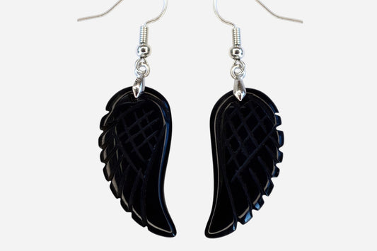 Black Onyx Big Angel Wing Natural Gemstone Earrings with Pouch