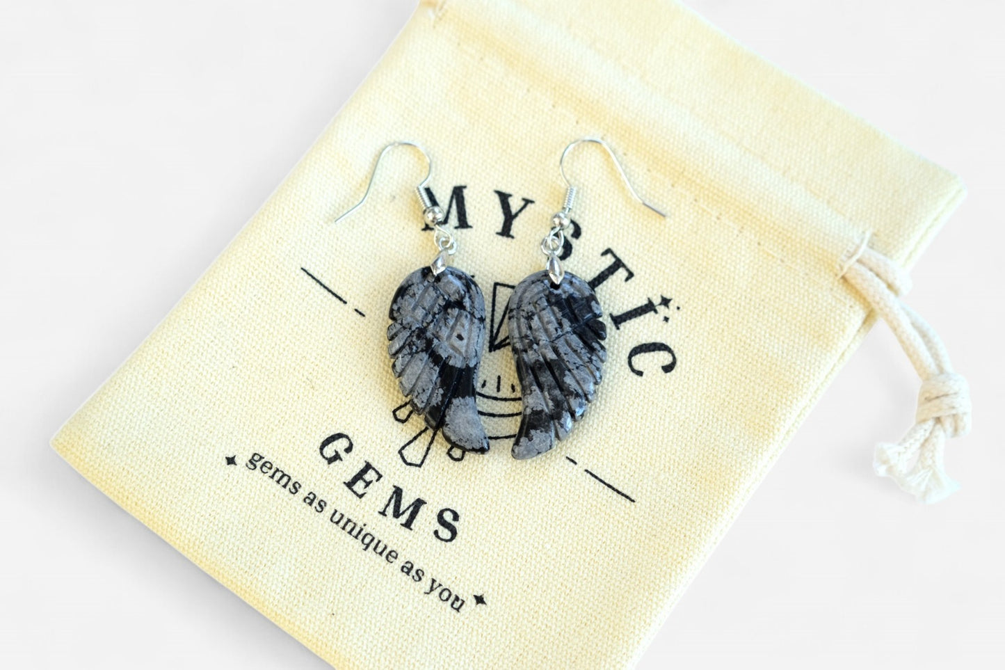 Snowflake Obsidian Big Angel Wing Natural Gemstone Earrings with Pouch