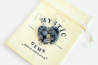 Snowflake Obsidian Big Angel Wing Natural Gemstone Earrings with Pouch