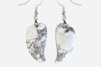 White Howlite Big Angel Wing Natural Gemstone Earrings with Pouch
