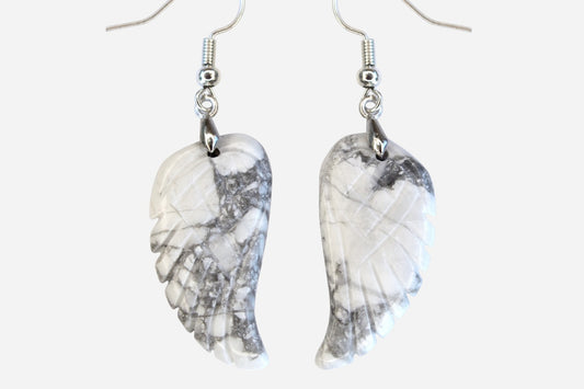 White Howlite Big Angel Wing Natural Gemstone Earrings with Pouch