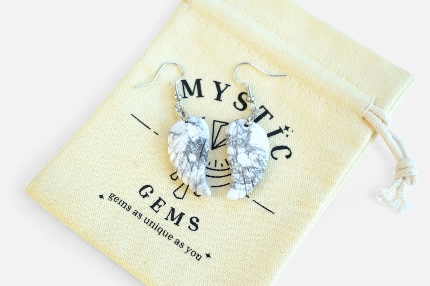 White Howlite Big Angel Wing Natural Gemstone Earrings with Pouch