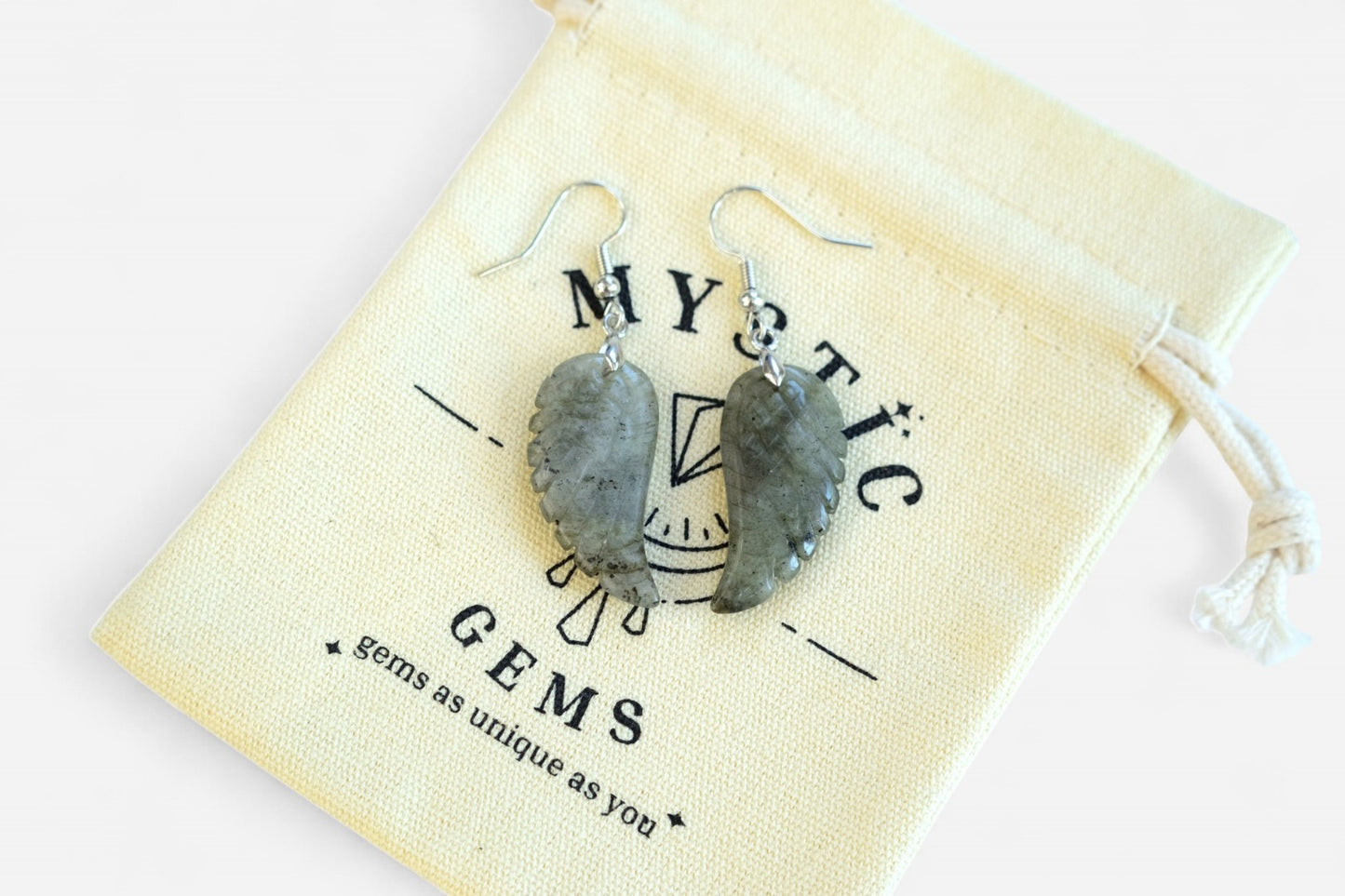 Labradorite Big Angel Wing Natural Gemstone Earrings with Pouch