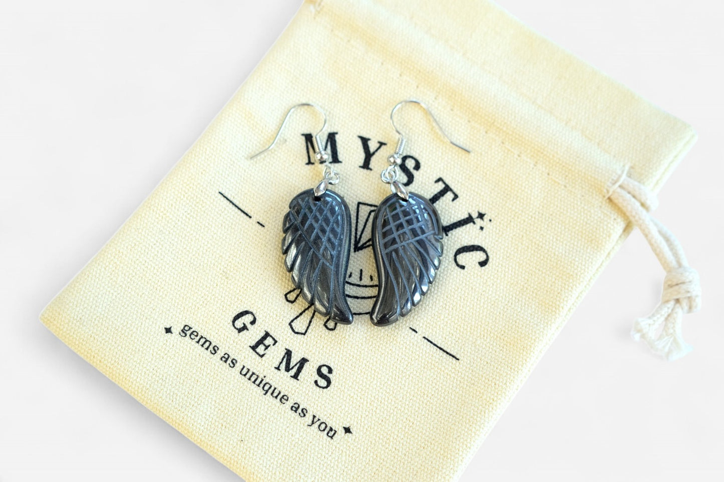 Hematite Big Angel Wing Natural Gemstone Earrings with Pouch