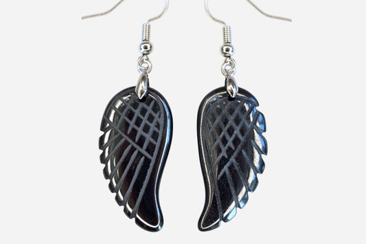 Hematite Big Angel Wing Natural Gemstone Earrings with Pouch