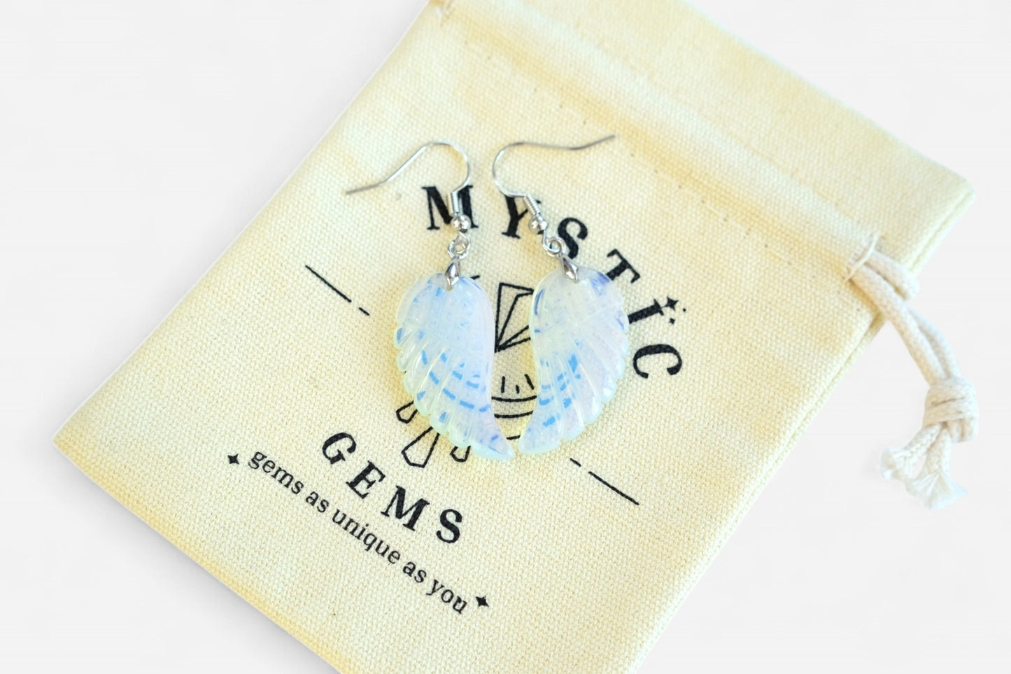 Opalite Big Angel Wing Manmade Gemstone Earrings with Pouch