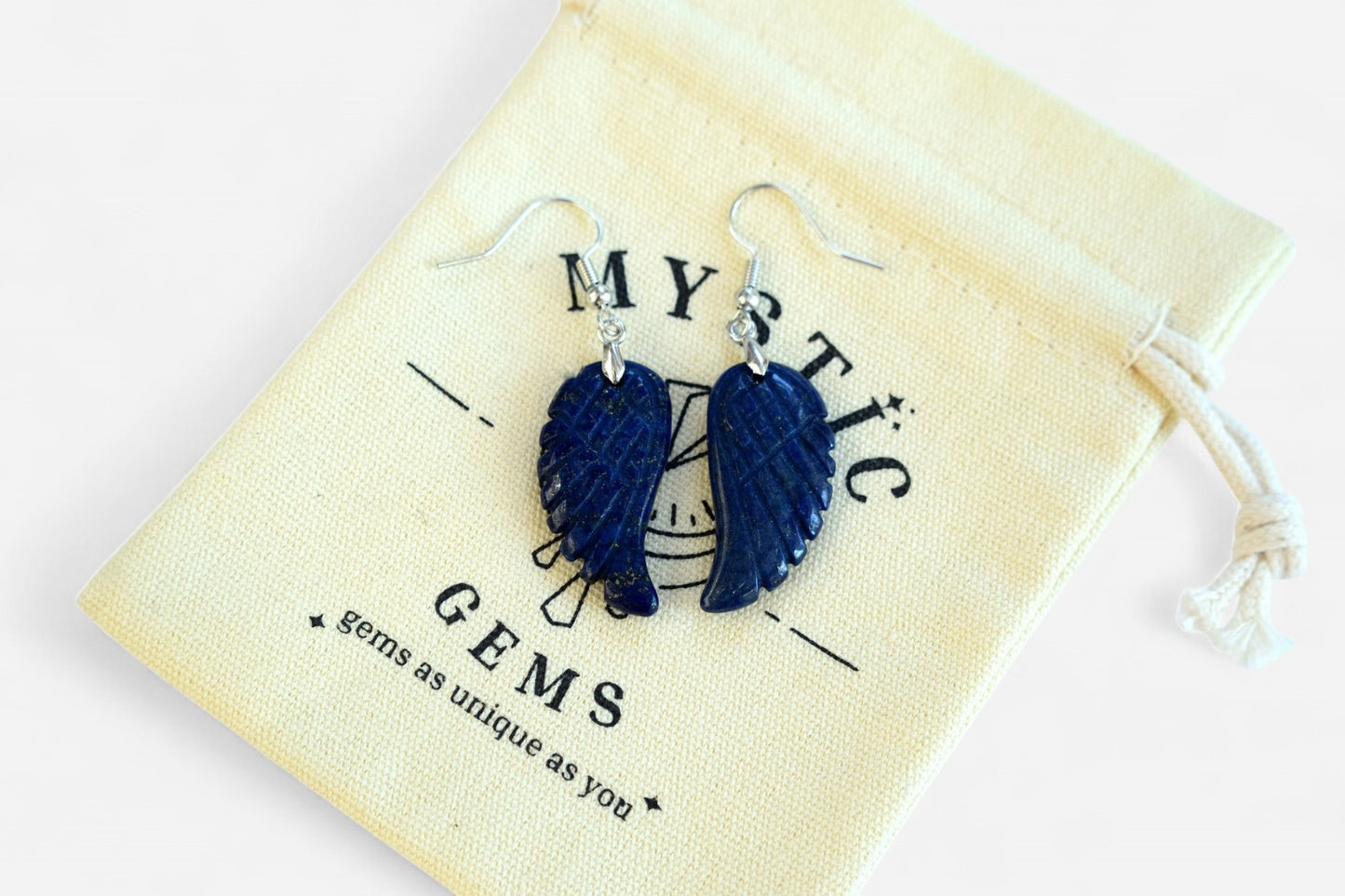Lapis Lazuli Big Angel Wing Natural Gemstone Earrings with Pouch