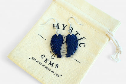 Lapis Lazuli Big Angel Wing Natural Gemstone Earrings with Pouch