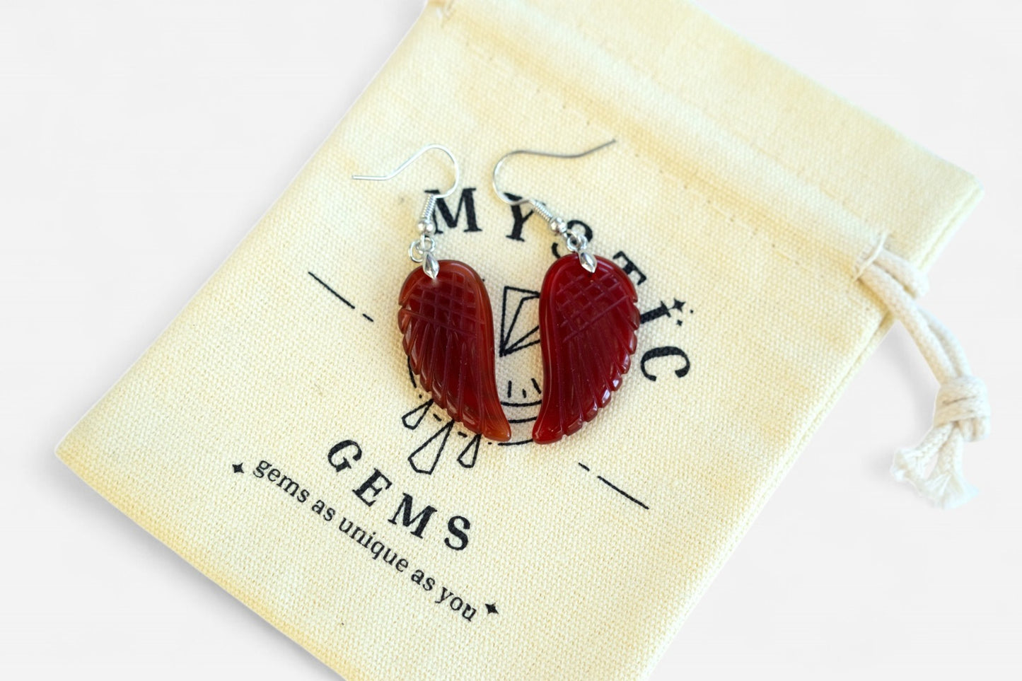 Red Agate Big Angel Wing Natural Gemstone Earrings with Pouch