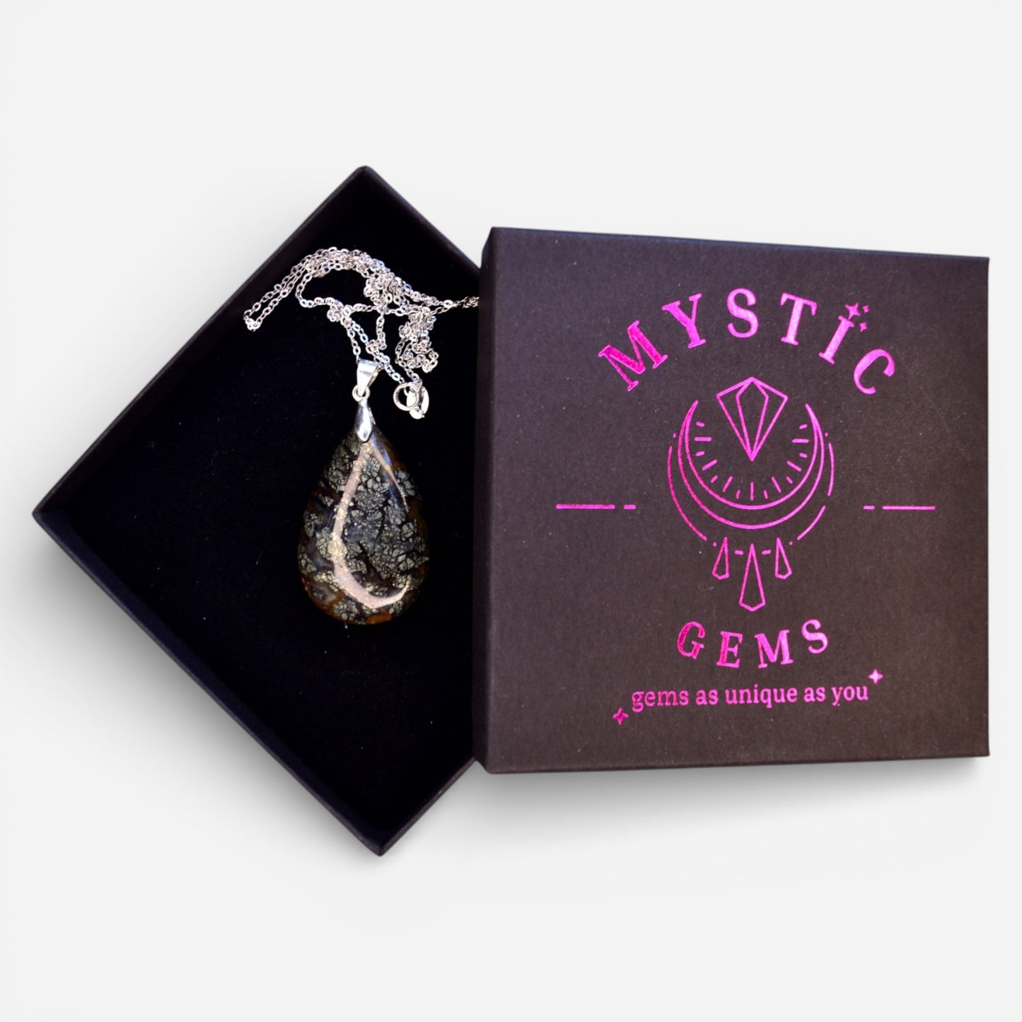 MYSTIC GEMS One of a Kind Black Marcasite Pendant Necklace 925 Sterling Silver MG20262213